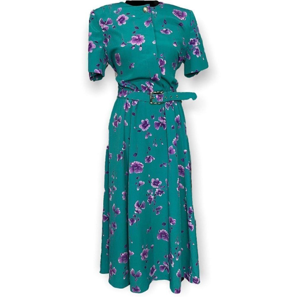 Leslie Fay Blue Floral Print Dress With Belt Size 6P Midi Length Vintage Party